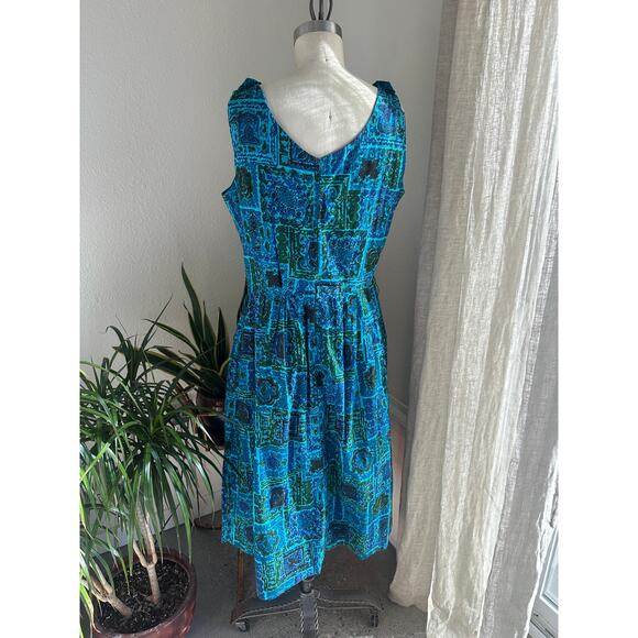 Women's M/L Dress Blue Green Cotton Day Dress Sleeveless Pockets Button Vintage - Picture 3 of 3